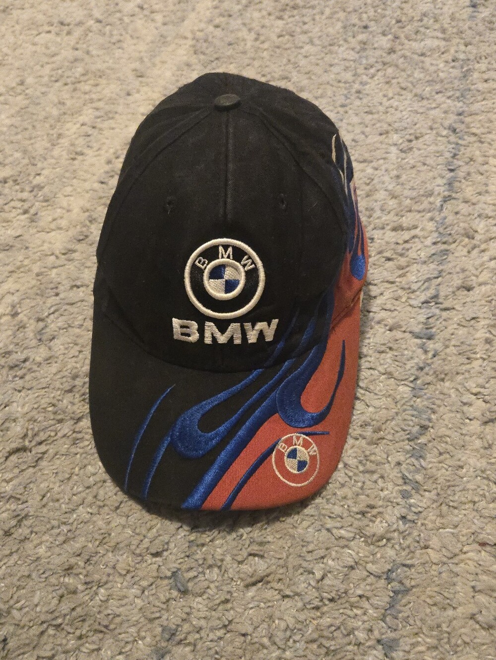 Vintage BMW Racing Hat Flame Embroidery Strapback Cap Y2K Motorsport Black